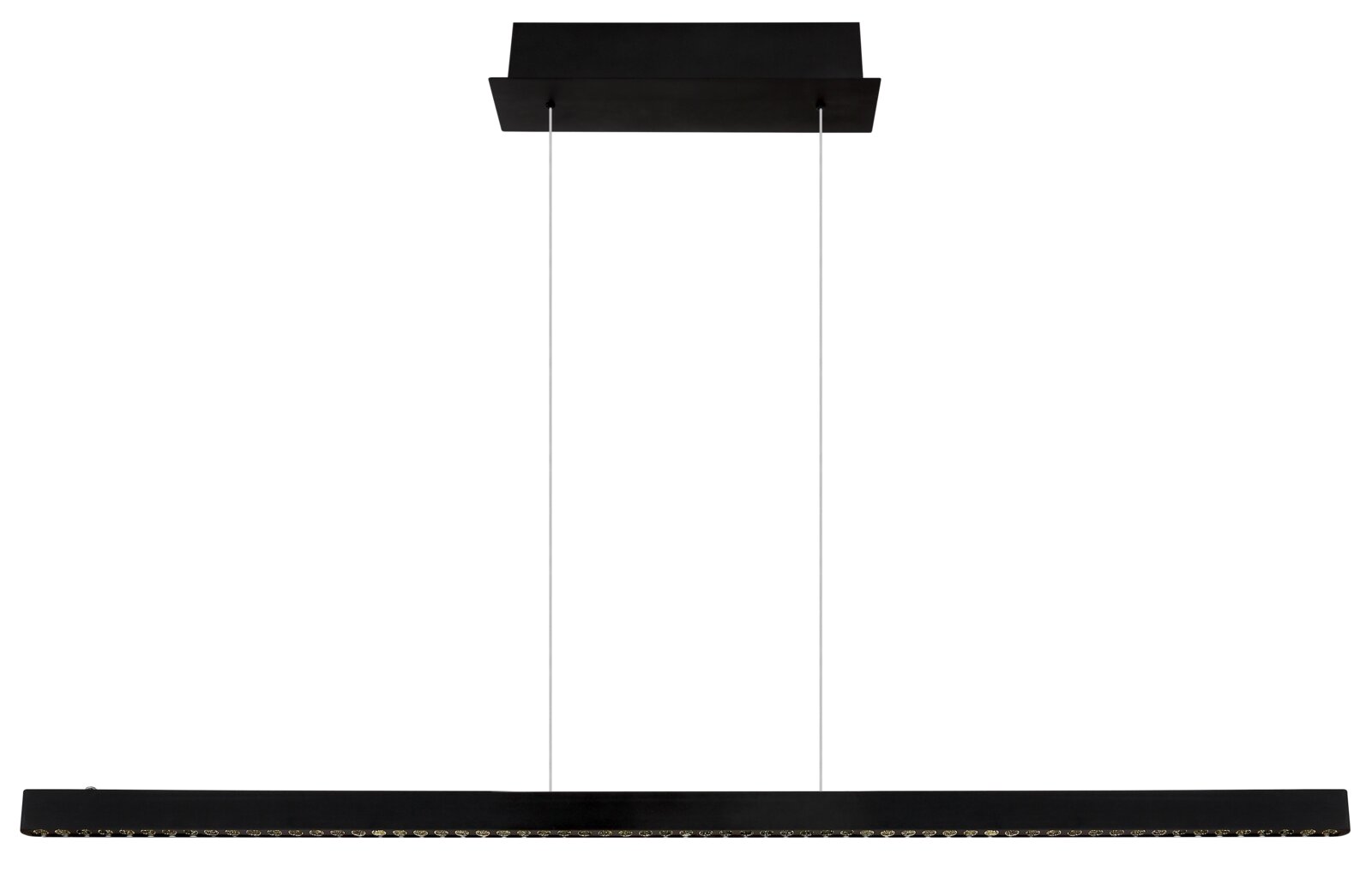 Moderne schwarze Hängeleuchte mit rechteckigem Design, von vorne betrachtet.