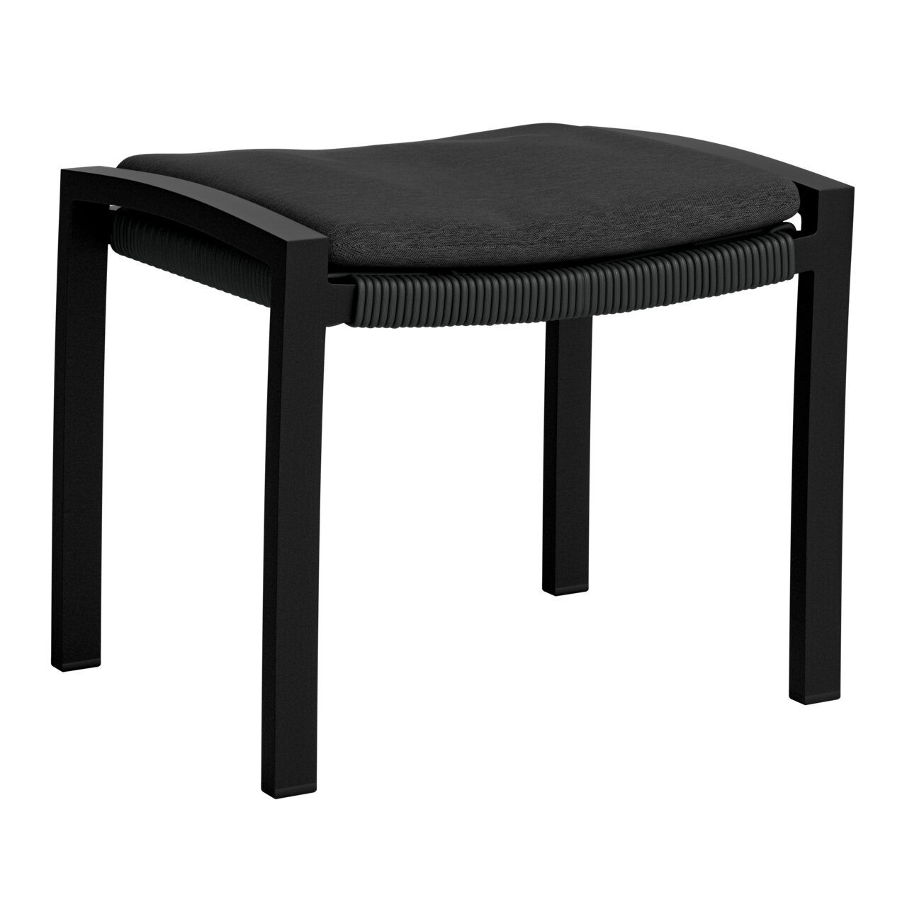Moderner schwarzer Hocker mit gepolsterter Sitzfläche, seitliche Perspektive