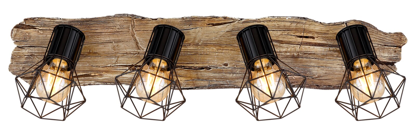 Vierflammiger Strahler mit rustikalem Holzdesign und schwarzen Metallgittern, frontal betrachtet.