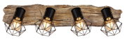 Vierflammiger Strahler mit rustikalem Holzdesign und schwarzen Metallgittern, frontal betrachtet.