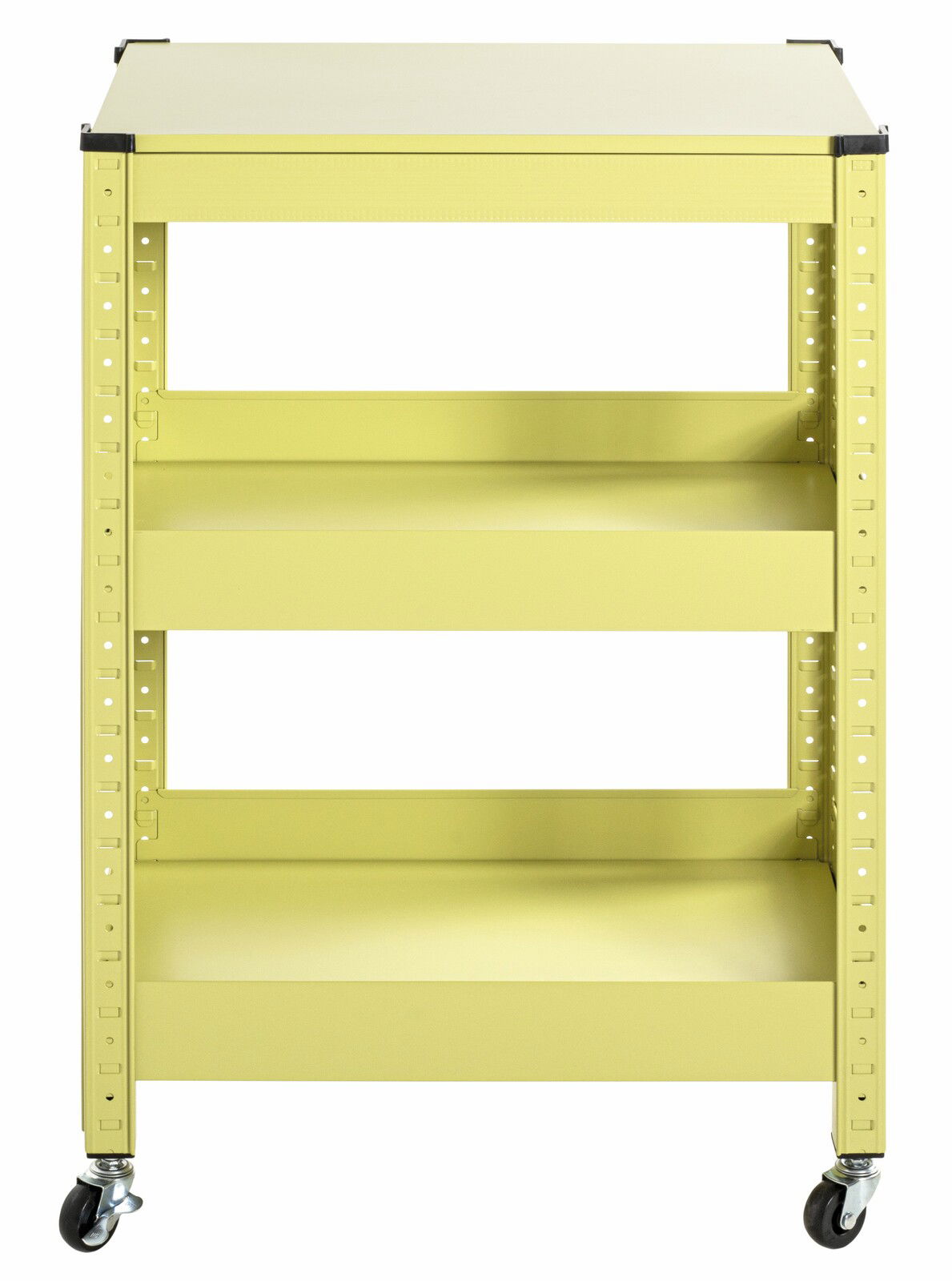 Gelber Servierwagen mit drei Regalböden und Rollen, Vorderansicht