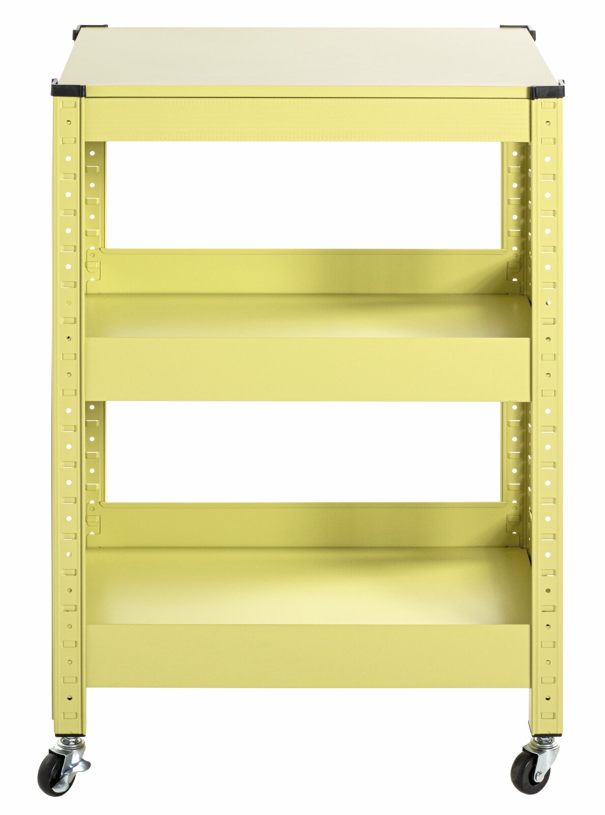 Gelber Servierwagen mit drei Regalböden und Rollen, Vorderansicht