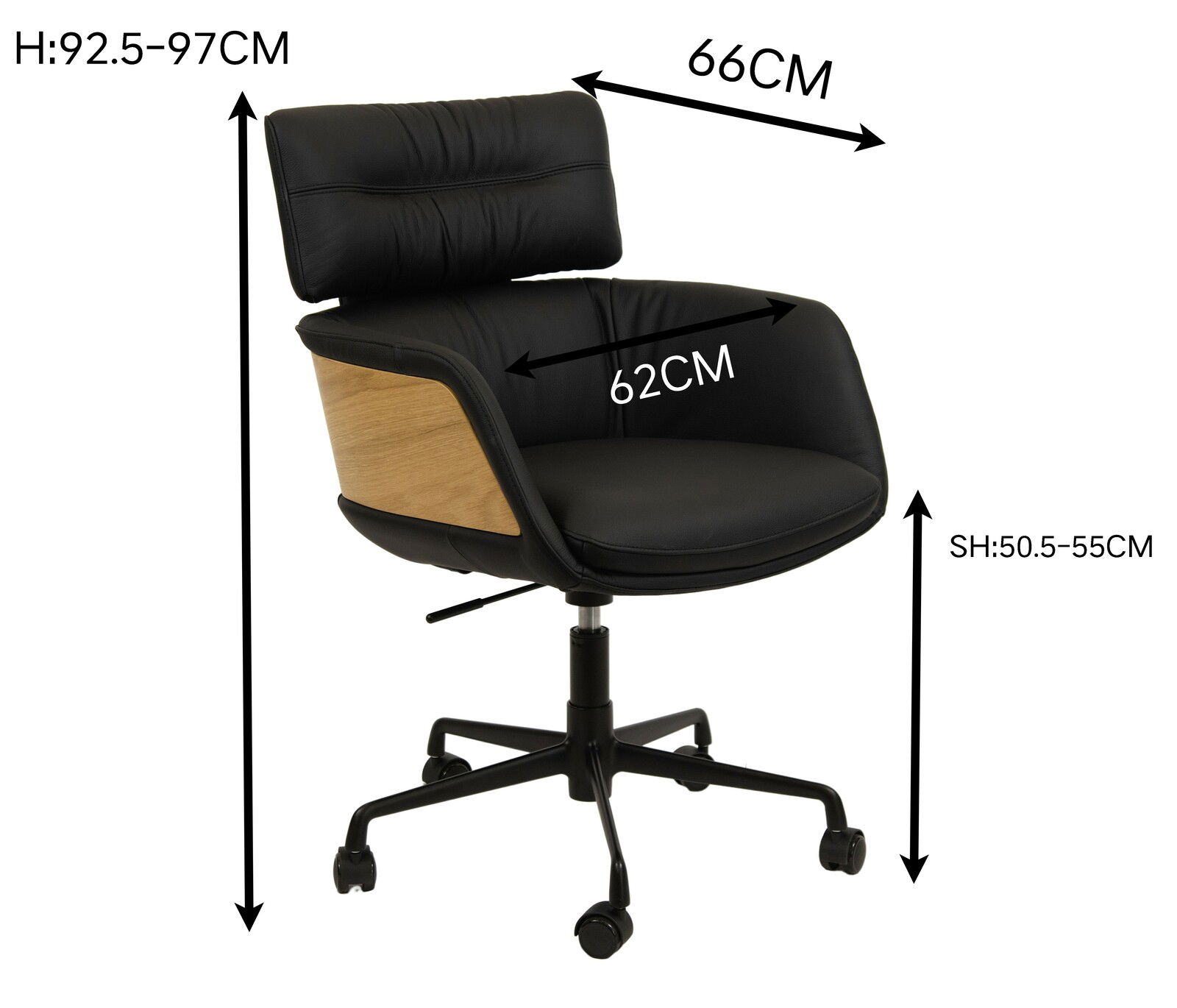 Moderner Drehstuhl mit schwarzem Lederbezug und Holzdetails, verstellbare Sitzhöhe, auf Rollen, seitliche Perspektive