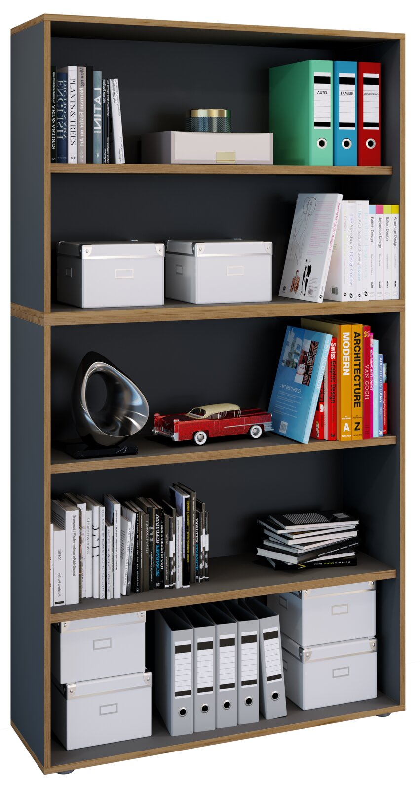 Modernes, offenes Bücherregal in Holzoptik mit dunkelgrauem Korpus und mehreren Fächern, gefüllt mit Büchern, Ordnern und Aufbewahrungsboxen; Ansicht schräg von vorne.