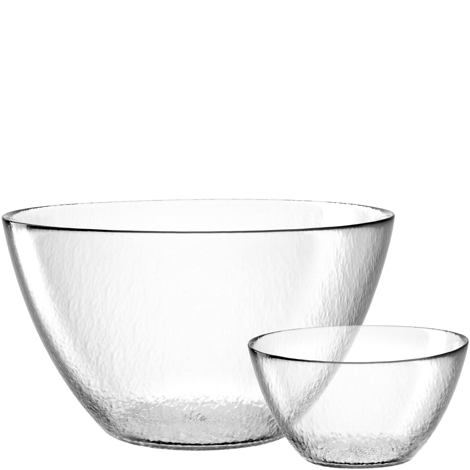 Zwei transparente Glasschalen in unterschiedlicher Größe, frontal fotografiert. Die größere Schale steht links und die kleinere rechts.
