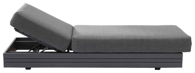 Seitliche Ansicht eines grauen 3-Sitzer Loungeelements mit verstellbarer Rückenlehne.