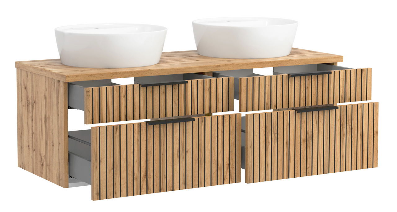 Waschtisch-Set 120 cm mit zwei weißen Aufsatzwaschbecken und Holzoptik, Frontansicht