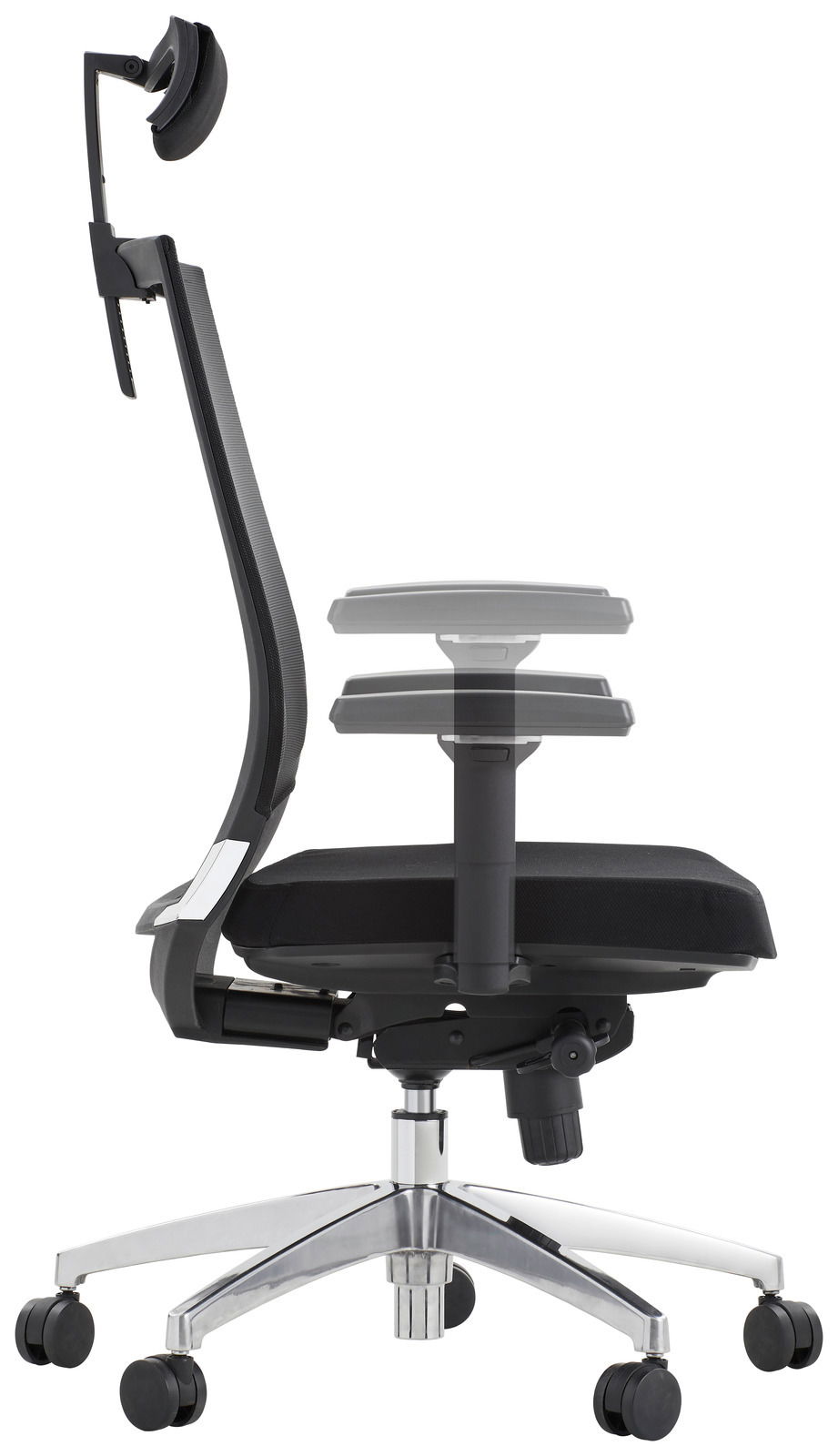 Seitliche Ansicht eines modernen Drehstuhls mit Kopfstütze und verstellbaren Armlehnen.