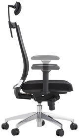 Seitliche Ansicht eines modernen Drehstuhls mit Kopfstütze und verstellbaren Armlehnen.