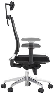 Seitliche Ansicht eines modernen Drehstuhls mit Kopfstütze und verstellbaren Armlehnen.