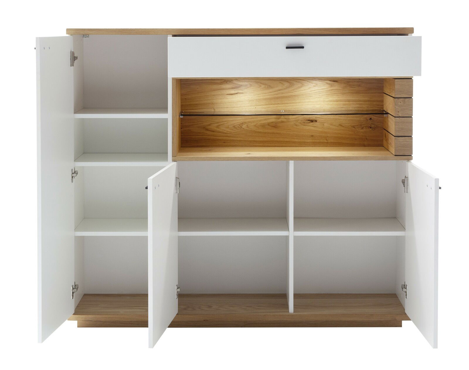 Frontale Ansicht eines Highboards mit offenen Türen und Schubladen, weiß und holzfarben, mit mehreren Fächern zur Aufbewahrung.