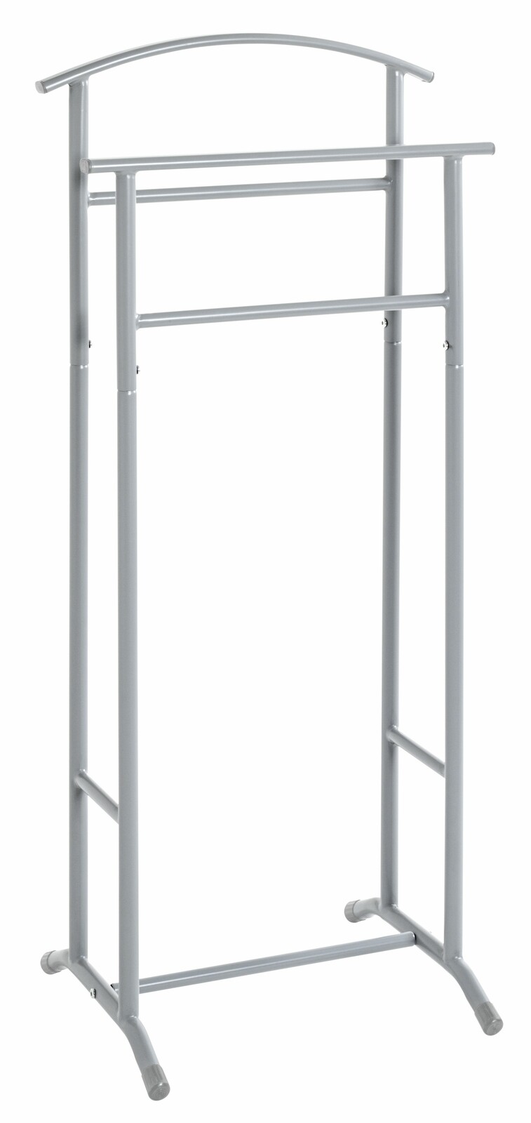 Silberner Herrendiener aus Metall, frontal abgebildet, mit zwei Kleiderstangen und gebogenem oberen Rahmen.