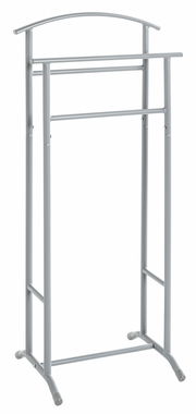 Silberner Herrendiener aus Metall, frontal abgebildet, mit zwei Kleiderstangen und gebogenem oberen Rahmen.