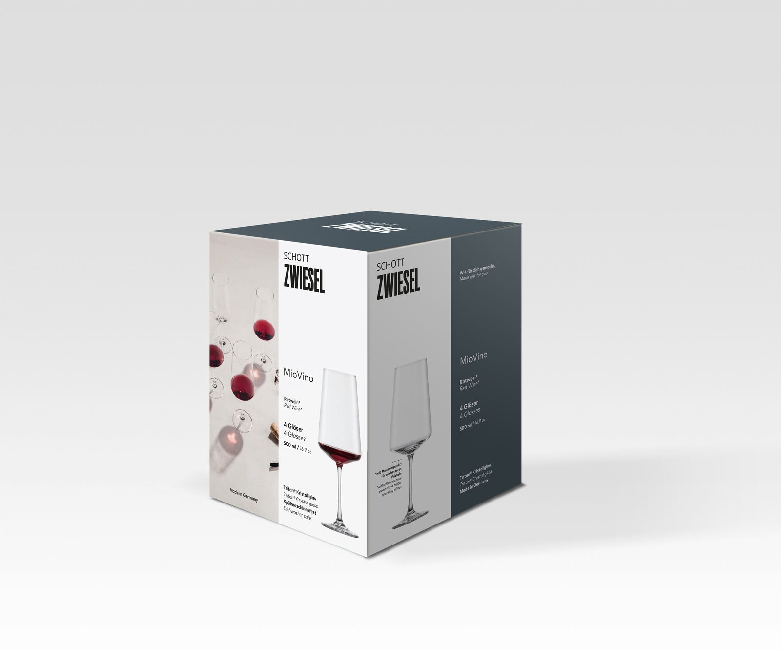 Verpackung eines 4er-Sets Rotweingläser von Schott Zwiesel, Vorderansicht mit Abbildungen der Gläser und Produktinformationen.