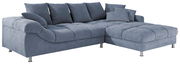 Graues Ecksofa mit weichen Kissen, Ansicht von vorne rechts
