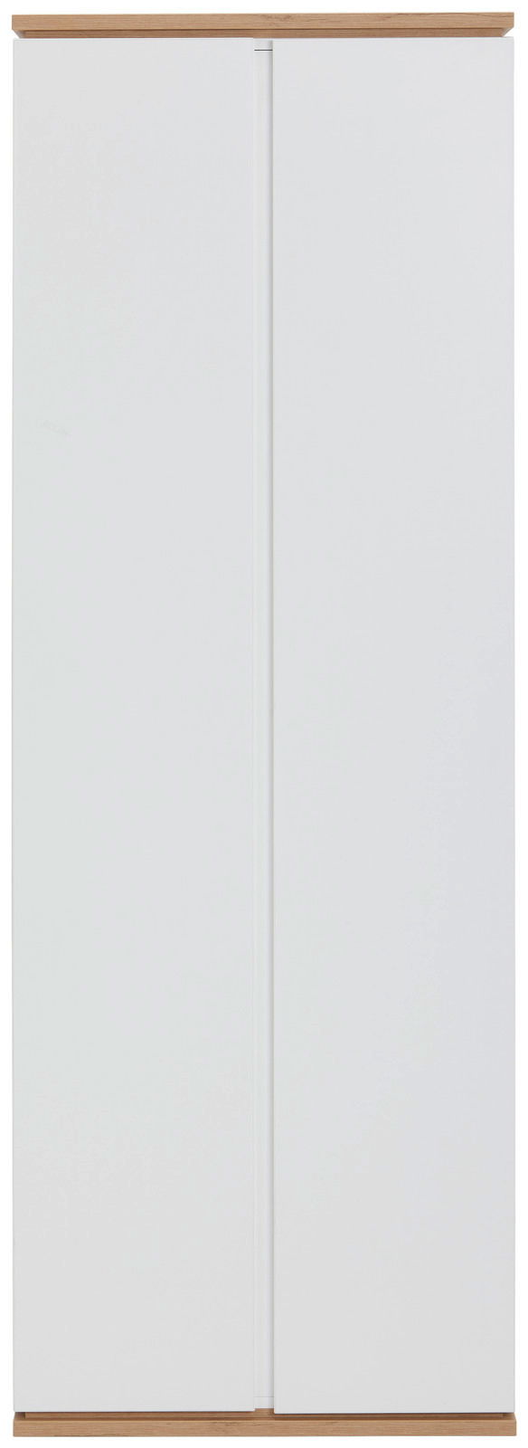 Moderner weißer Garderobenschrank mit Holzdetails, Frontalansicht