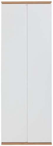Moderner weißer Garderobenschrank mit Holzdetails, Frontalansicht
