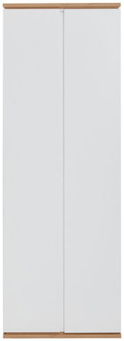 Moderner weißer Garderobenschrank mit Holzdetails, Frontalansicht