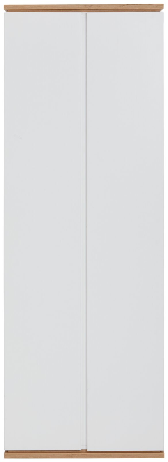 Moderner weißer Garderobenschrank mit Holzdetails, Frontalansicht