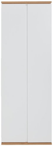 Moderner weißer Garderobenschrank mit Holzdetails, Frontalansicht