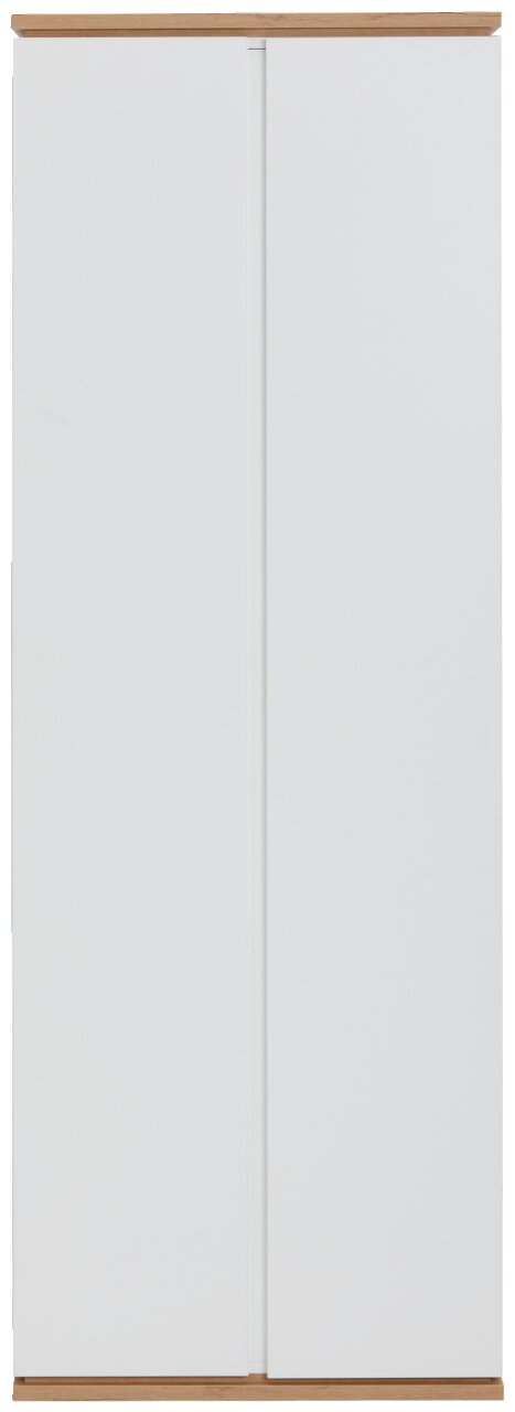 Moderner weißer Garderobenschrank mit Holzdetails, Frontalansicht
