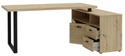 L-förmiger Winkelschreibtisch aus Holz mit schwarzem Metallgestell, Schubladen und Regalfächern, seitliche Perspektive