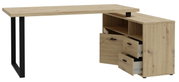 L-förmiger Winkelschreibtisch aus Holz mit schwarzem Metallgestell, Schubladen und Regalfächern, seitliche Perspektive