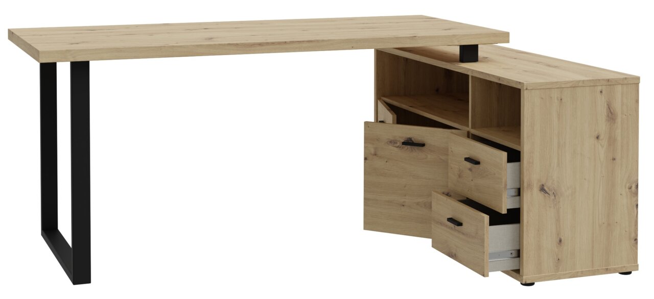 L-vormig hoekbureau van hout met een zwart metalen onderstel, lades en open vakken, zijaanzicht