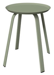 Moderner Beistelltisch in Olivgrün mit runder Tischplatte und vier leicht ausgestellten Beinen, seitliche Perspektive.