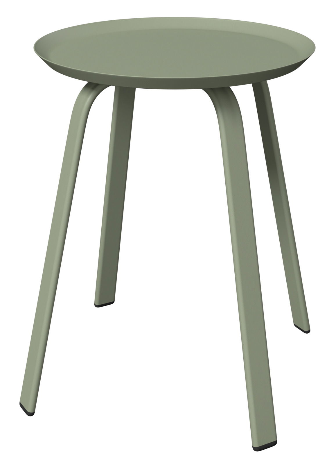 Moderner Beistelltisch in Olivgrün mit runder Tischplatte und vier leicht ausgestellten Beinen, seitliche Perspektive.