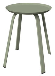 Moderner Beistelltisch in Olivgrün mit runder Tischplatte und vier leicht ausgestellten Beinen, seitliche Perspektive.