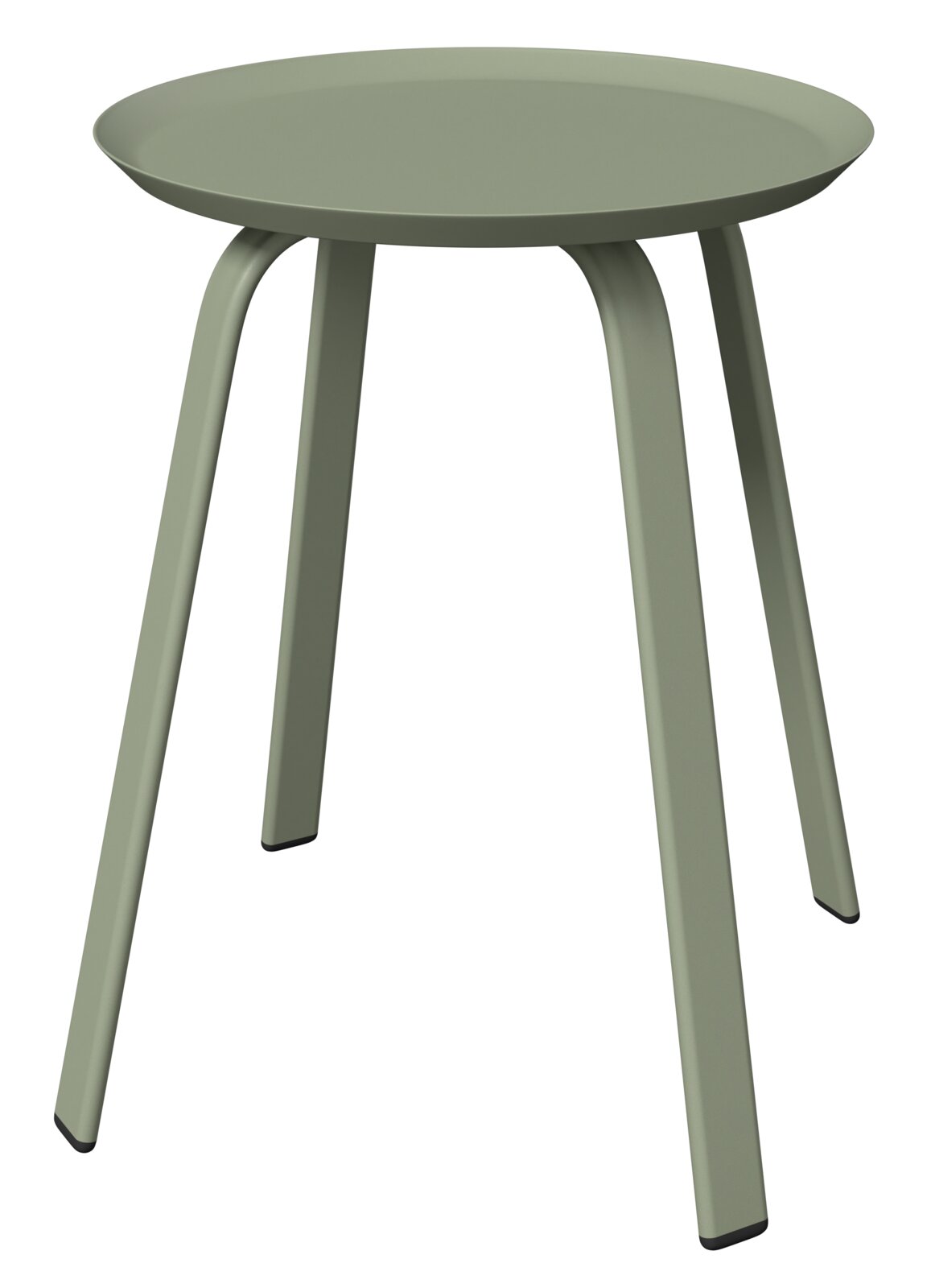 Moderner Beistelltisch in Olivgrün mit runder Tischplatte und vier leicht ausgestellten Beinen, seitliche Perspektive.
