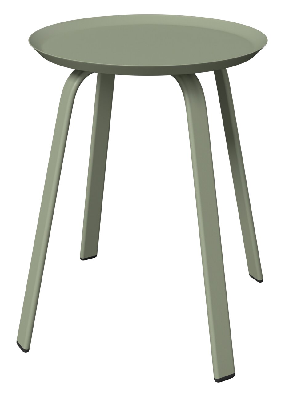 Ambia Garden Beistelltisch KATI Moderner Beistelltisch in Olivgrün mit runder Tischplatte und vier leicht ausgestellten Beinen, seitliche Perspektive.