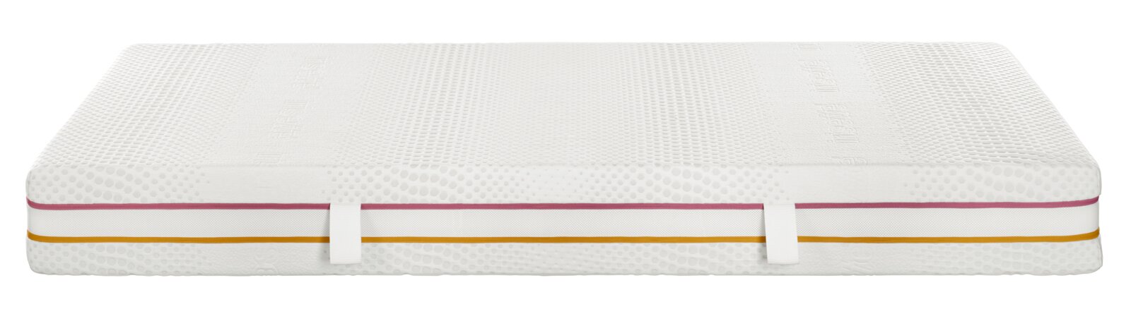 Seitenansicht einer weißen Matratze 160x200 mit farbigen Streifen und Tragegriffen.
