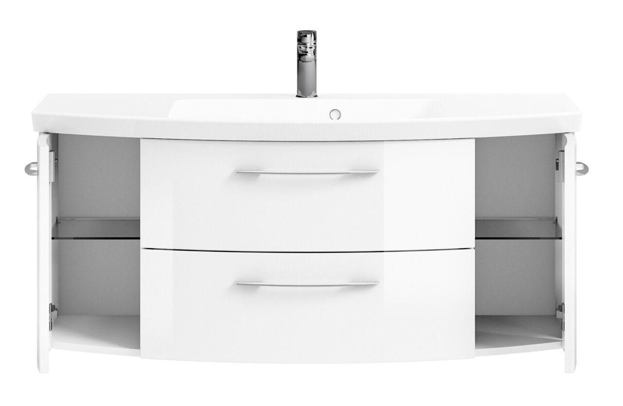 Moderner weißer Waschtisch mit zwei Schubladen und offenen Seitentüren, Frontalansicht