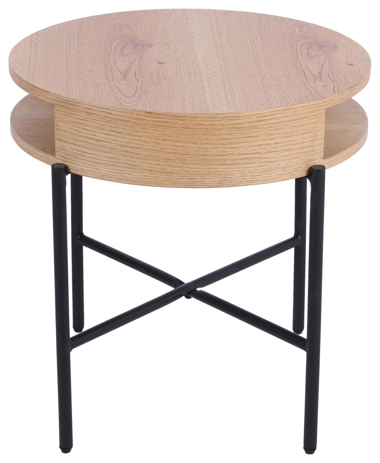 Runder Beistelltisch aus Holz mit schwarzem Metallgestell, seitliche Perspektive