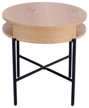 Runder Beistelltisch aus Holz mit schwarzem Metallgestell, seitliche Perspektive