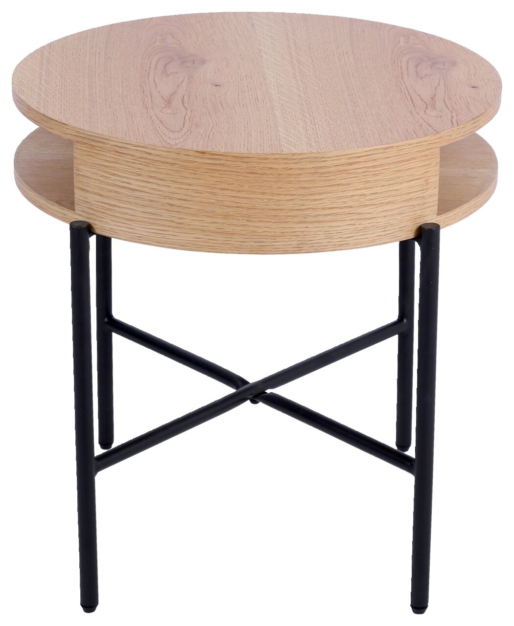 Runder Beistelltisch aus Holz mit schwarzem Metallgestell, seitliche Perspektive