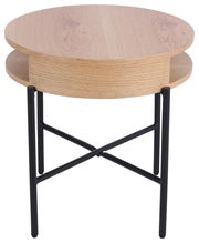 Runder Beistelltisch aus Holz mit schwarzem Metallgestell, seitliche Perspektive