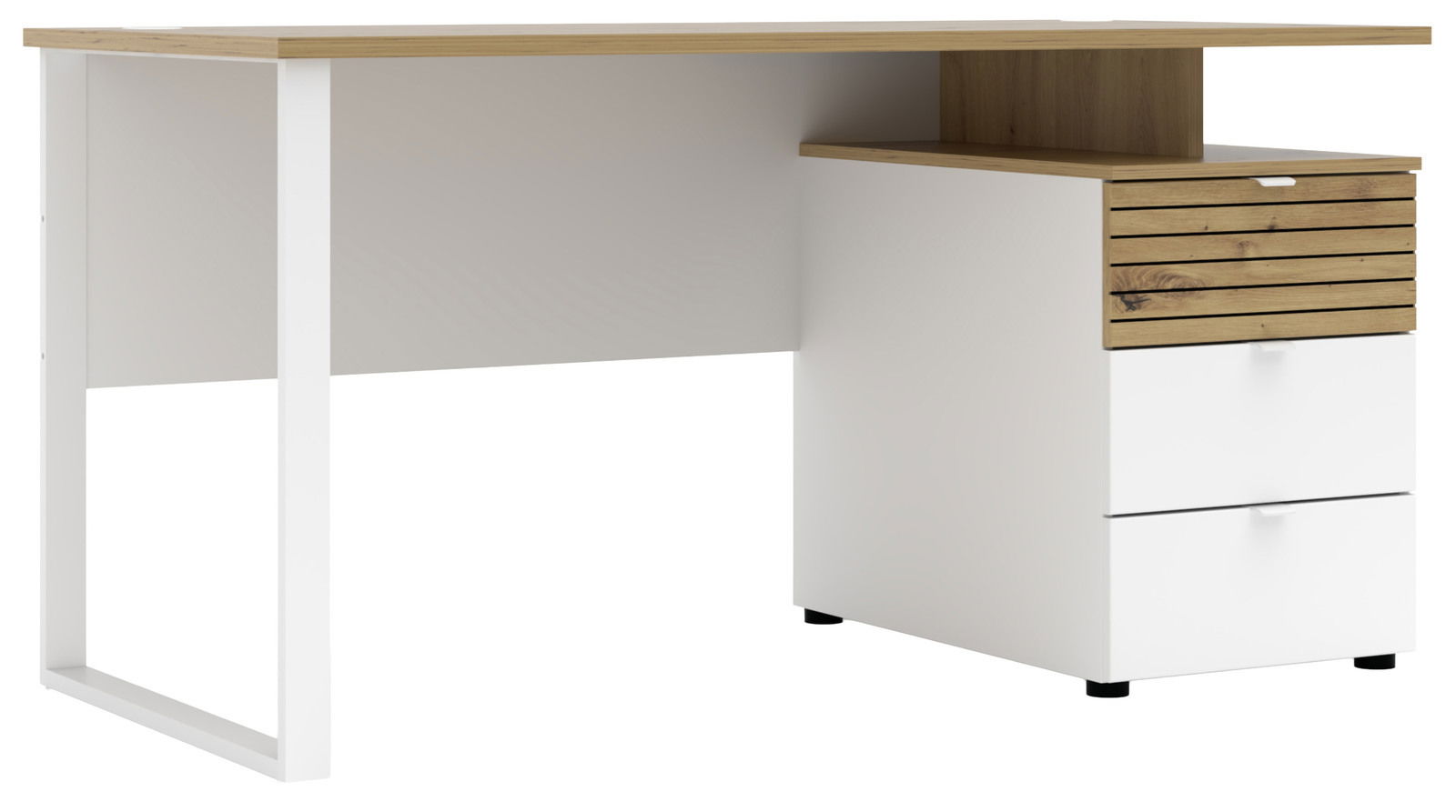 Voleo Schreibtisch DIANA Moderner Schreibtisch mit weißem Gestell und Holzoberfläche, seitliche Schubladen, Perspektive von vorne rechts