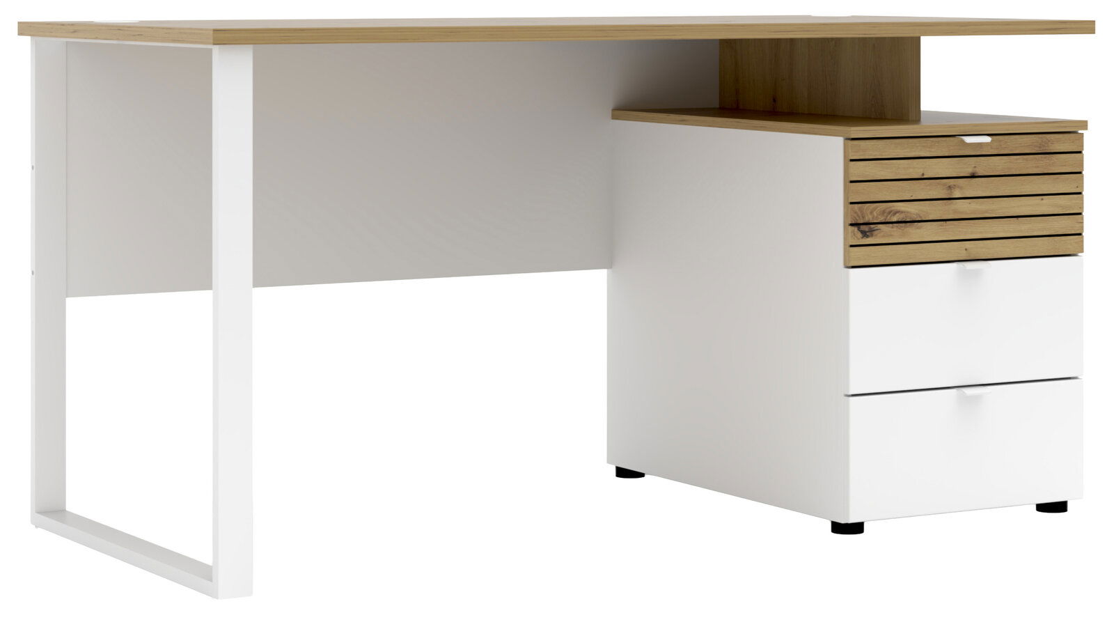Voleo Schreibtisch DIANA Moderner Schreibtisch mit weißem Gestell und Holzoberfläche, seitliche Schubladen, Perspektive von vorne rechts