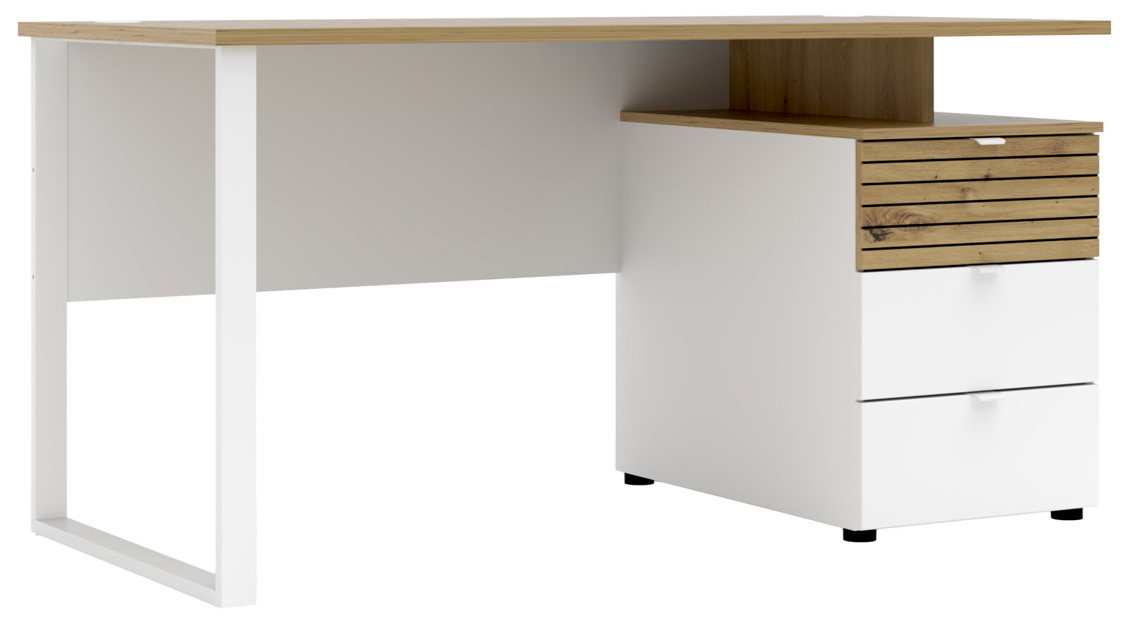 Voleo Schreibtisch DIANA Moderner Schreibtisch mit weißem Gestell und Holzoberfläche, seitliche Schubladen, Perspektive von vorne rechts