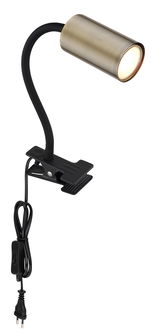 Klemmstrahler aus Metall in Altmessing-Optik mit flexiblem Hals und schwarzem Kabel, seitliche Perspektive