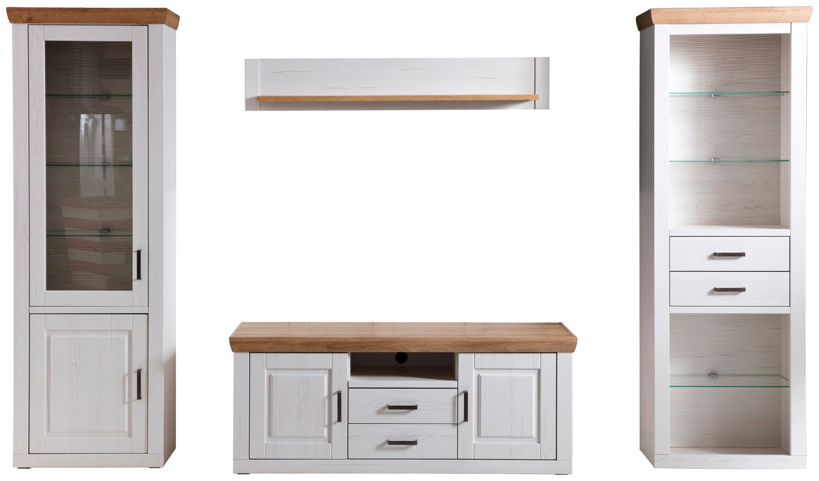 Frontale Ansicht einer modernen Wandkombination mit zwei hohen Schränken, einem TV-Board und einem Wandregal in Weiß mit Holzakzenten.