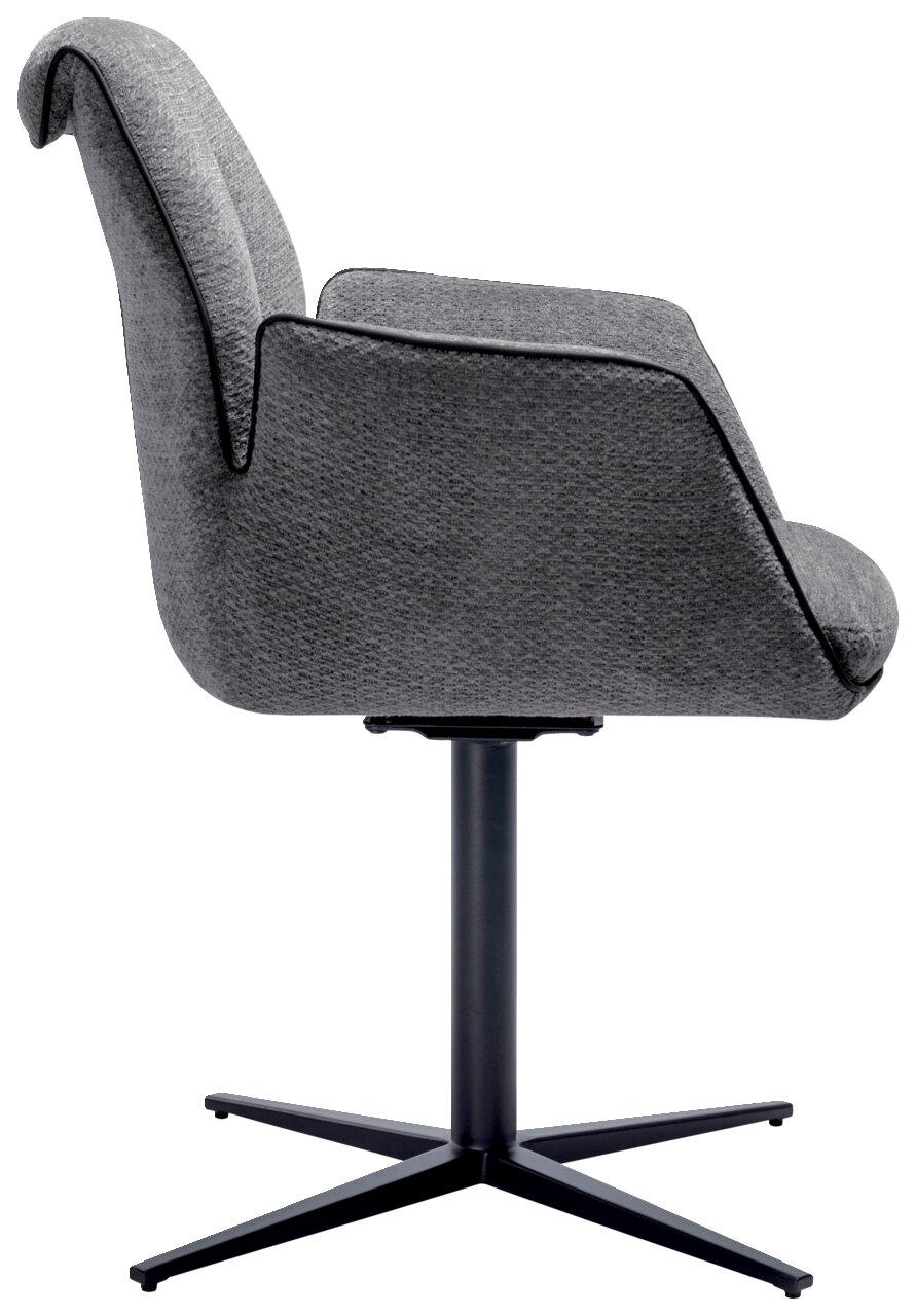 Grauer Armlehnstuhl mit schwarzem Metallfuß, Seitenansicht