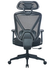 Rückansicht eines ergonomischen Drehstuhls mit Netzrückenlehne und Kopfstütze