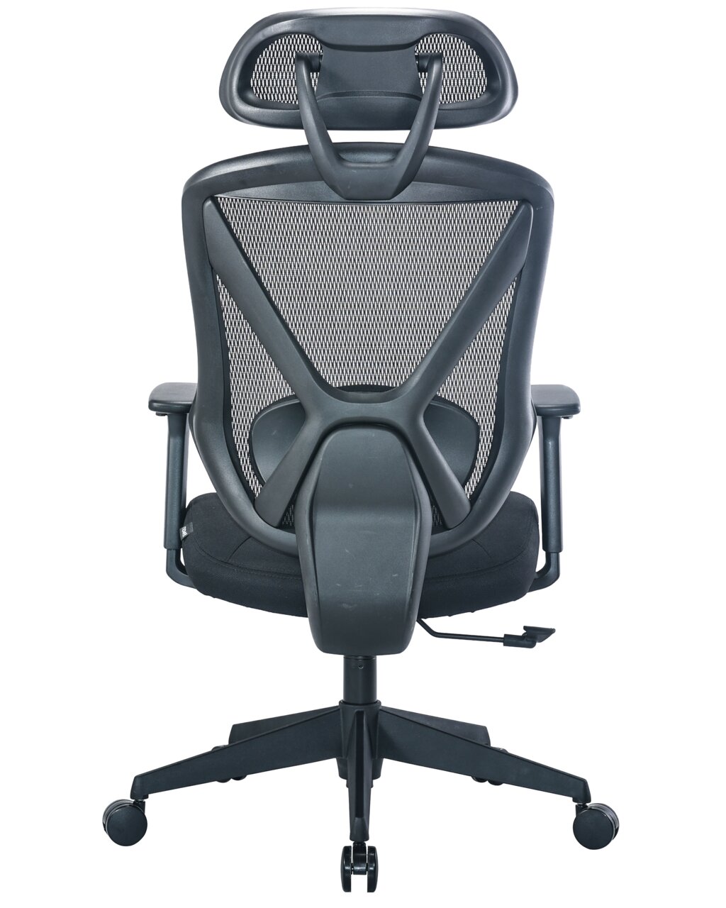 Achterkant van een ergonomische draaistoel met rugleuning van gaas en hoofdsteun