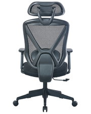 Achterkant van een ergonomische draaistoel met rugleuning van gaas en hoofdsteun