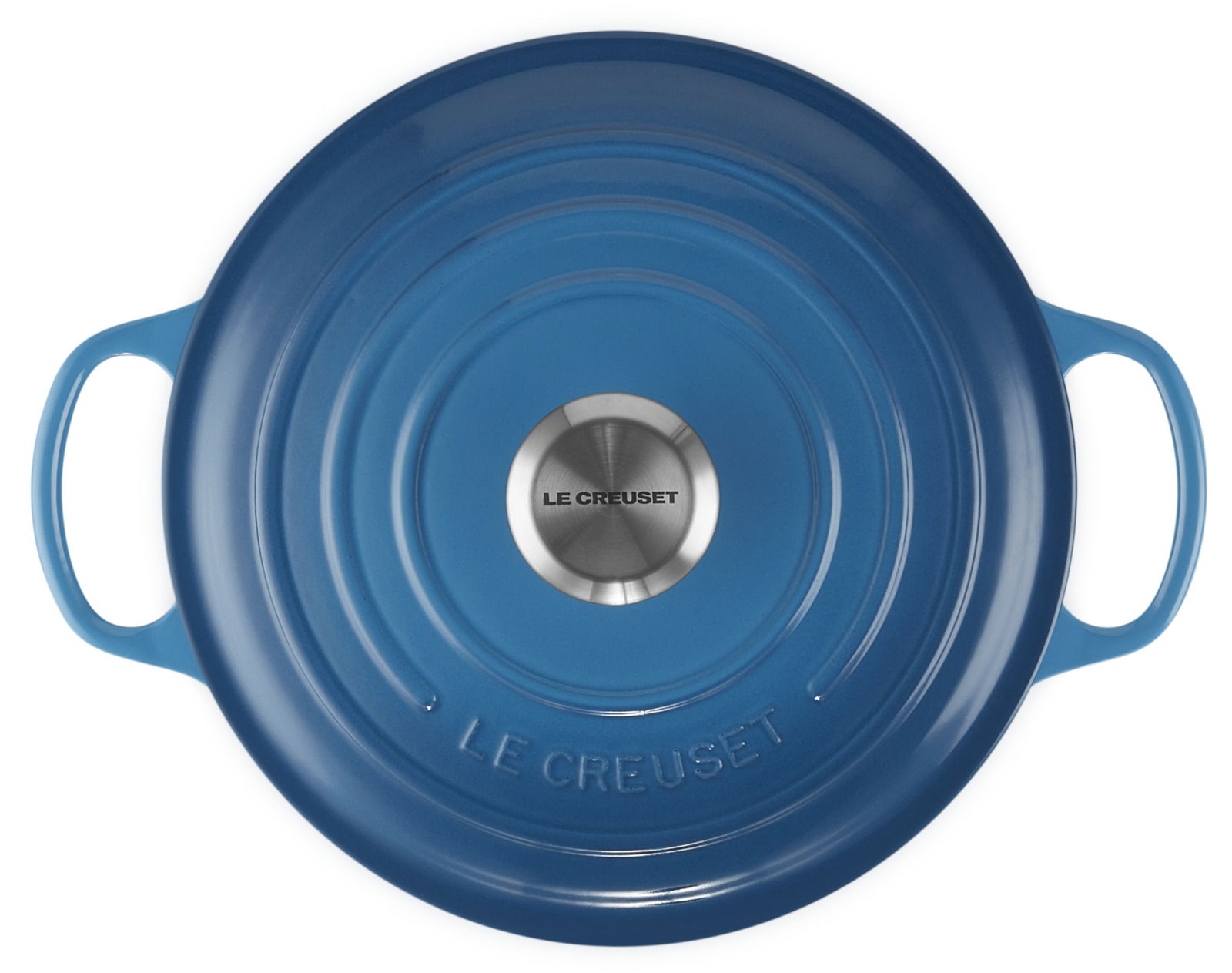 Blauer Bräter von oben mit zwei Griffen und Edelstahlknauf, Marke Le Creuset