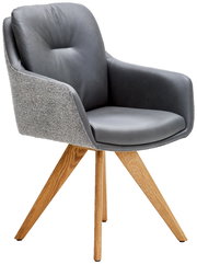 Moderner Armlehnstuhl mit grauem Polster und Holzbeinen, seitliche Perspektive